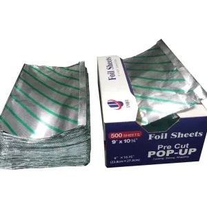 Pre Cut 500pcs Food Grade 9×10.75 Inch Pop up Soft Temper 13micron Thick Alloy 8011 Metal Foil Sheets Embossed Custom Brand