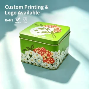 Premium Square Green Floral Printed Metal Tin Box Elegant Tea Storage Vintage Metal Container for Gift Packaging Shabby Chic
