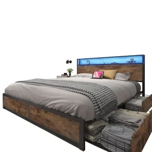 Queen Bed Frame with 2 Tier Storage Headboard LED Lights for Hotel Projects Contract Grade Metal Platform Bed OEM