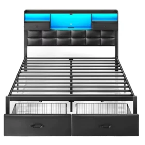 Queen Bed Frame with Heavy Duty Metal Construction and Storage