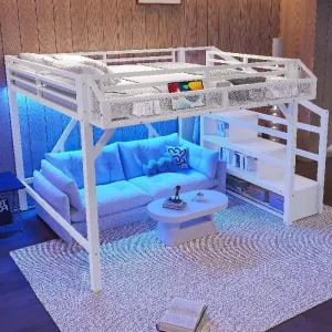 Queen Loft Bed with Storage Stairs & Shelves and Wardrobe, Metal Loft Bed Frame with USB Ports and LED Lights, ODM OEM Available