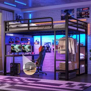 Queen Metal Dormitory Loft Bed Frame with Storage Shelves Desk USB Ports Lights Hanging Rod Modern Cave Board Design ODM OEM