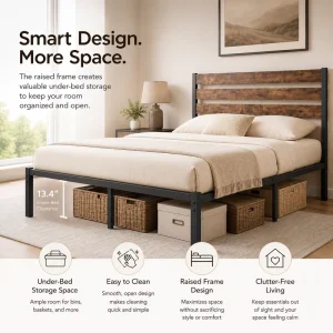 Queen Size Industrial Retro Headboard Platform Bed Frame Steel Slats Apartment Bedroom Hotel Easy Assembly