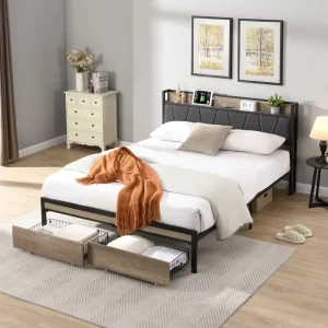 Queen Size Metal Platform Bed Frame with Upholstery Storage Function Headboard and USB LINER and Footboard with Drawers