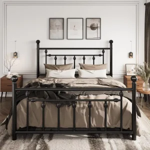 Queen Size Noise Free Metal Platform Bed Frame Victorian Headboard and Footboard Steel Slats Mattress Foundation for Storage