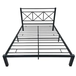 Queen Size Single Metal Bed with Headboard Modern Wrought Iron Frame Steel Furniture Featuring Storage for Bedroom Hotel Use