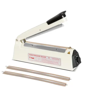 R PACK Impulse Heat Sealer with Seal Bar Heavy Duty Bag Sealing and Cutting Machine 2 Extra Replacements (White 8 Inch)