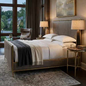 RH Thaddeus Modern King Size Leather Upholstered Bed Frame with Metal Legs and Footboard for Luxury Bedroom
