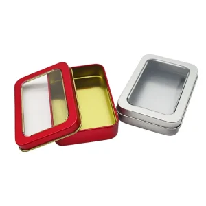Rectangle Metal Tinplate Box Transparent Window Lid Recyclable Eco Friendly Custom Logo Jewelry Candy Gift Packaging