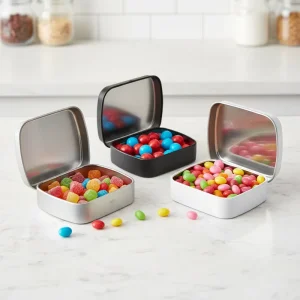 Rectangle Mint Tin Box with Hinged Lid Recyclable Food-Grade Tinplate for Mint Gum Candy and Pill Packaging