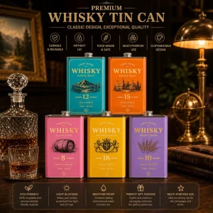 Rectangle Tinplate Can Crown Cap Sealing Screen Printed Food Grade Whisky Tea Wine Bottle Packaging