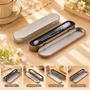 Rectangular Hinged Tinplate Box 179x38x20MM for Pens, Acne Tools, and Tweezers