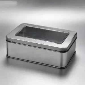 Rectangular Metal Tin Box with Clear Window, Custom Silver Empty Storage Container for Candy