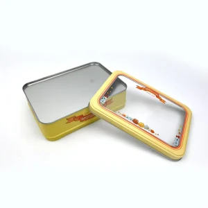 Rectangular Tinplate Biscuit Gift Box with Yellow Body, Clear Window Lid and Floral Ribbon Print