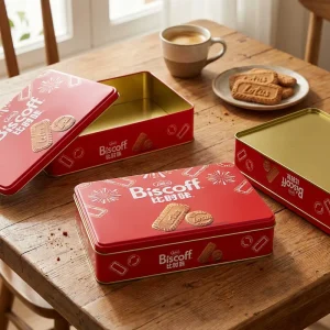 Rectangular Tinplate Cookie Tin Box Empty Biscuit Container with Gold Varnish Interior Food-Grade Recycled Recyclable