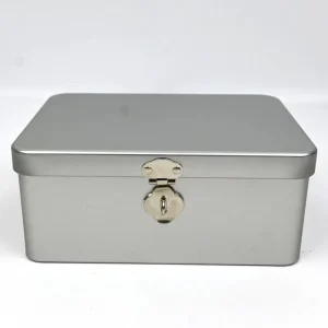 Rectangular Tinplate Tin with Lock Clasp Hinged Lid Blank Silver Storage Tin for Document Jewelry Herb Gift Packaging
