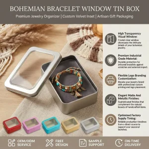 Rectangular Window Tinplate Box for Bracelet Packaging with Custom Logo Printing