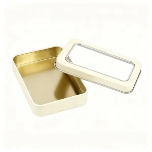 Rectangular Windowed Food Grade Recyclable Aluminum Tinplate Box with PVC and CMYK or UV Printing