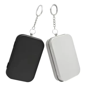 Recyclable Custom Printed Silver and Black Small Rectangular Metal Hinged Tin Box with Key Ring
