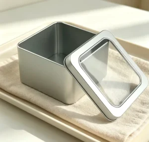 Recyclable Food Grade Metal Square Tinplate Storage Tin Box Clear Window Transparent Lid for Snacks Pet Food Storage