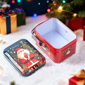 Recyclable Rectangle Metal Tin Box 10.5x8x6.3cm Candy Cookies Chocolate Storage Handle Santa Claus Pattern Box