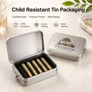 Recyclable Rectangular Metal Box CMYK Silk Printing Child Proof CR Tin Packaging