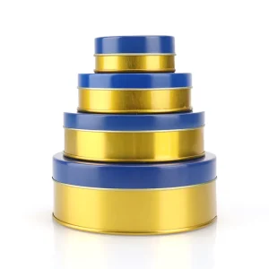 Recyclable Tinplate Caviar Tin Box, 30g-500g, Round Blue and Gold Container