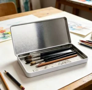 Recyclable Tinplate Rectangular Hinged Metal Tin Box for Pencils, Paint Brushes, and Art Supplies with Custom Color and Printing
