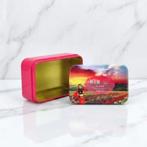 Red Rectangular Tinplate Packaging Box for Gifts Cookies Festival Presents and Candle Recycled Materials Custom Logo