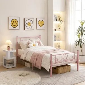 Romantic Pink Metal Bed Frame Princess Girls Style Bedstead Heart Shaped Decorative Single Platform Bed Base for Kids Bedroom