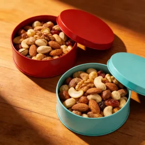 Round Food-Grade Tinplate Box for Nuts and Snacks, RoHS REACH Certified