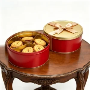 Round Metal Biscuit Container with Dividers and Gold Lid, Red, for Food and Cosmetics