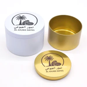 Round Metal Tin Can in Pink, White, Gold, or Silver for Dates, Sweets, Cake, and Cookies