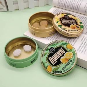 Round Printed Metal Candy Tin Gold Interior Portable Herbal Soft Sweet Storage Can