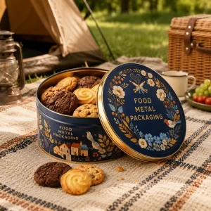 Round Reusable Food Safe Custom Printed Embossed Tinplate Canister Gift Packaging Box for Biscuits