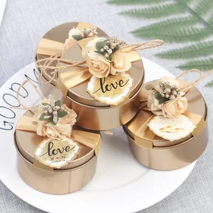 Round Tin Metal Box for Wedding Candy Cookie and Chocolate Gifts with Ribbon and Flower