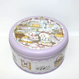 Round Tinplate Biscuit and Cake Gift Box with Pastel Purple Bunny Bakery Print