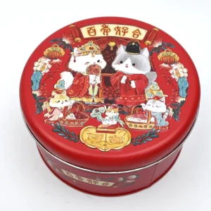 Round Tinplate Box Bright Red Lid Chinese Wedding Cat Couple Print Candy Gift Tin Box for Traditional Wedding Favor