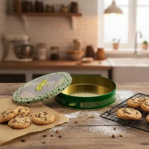 Round Tinplate Cake and Biscuit Gift Tin with Offset Printed 4-color CMYK Design and PVC Window Model C341