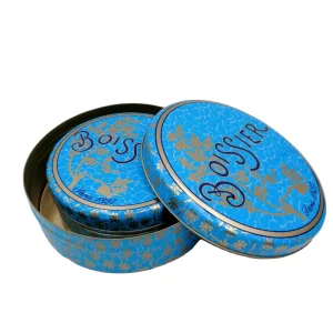 Round Tinplate Candy and Cookie Tin Can Blue Food Grade Tin Packaging Box for Chocolate and Cake