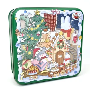 Rounded Square Tinplate Cookie Gift Box with Green Rim and Christmas Snow Scene Bunny Print