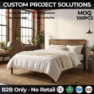 Rustic Industrial Queen Metal Bed Frame with Large Wood Panel Headboard for Master Bedroom