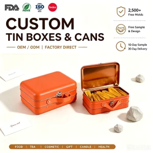SZM Custom Printed Rectangle Food Grade Hinged Metal Tin Can Tin Lunch Box Handle for Convenient Chocolate Chewing Gum Bread