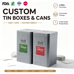 SZM Custom Printed Square Tinplate Food Grade Tin Can for Chocolate Tea Packaging with Offset Printing