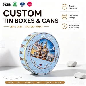 SZM Custom Printing Tinplate Storage Container Big Empty Metal Round Box Cookie Cake Tin Can Packaging for Biscuit