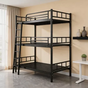 Safe and Sturdy 3 Tier Metal Bunk Bed with Full Length Guardrail Black Steel Triple Sleeper for Kids Bedroom and Hostel