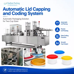 Sanitary Stainless Steel Two-Caliber Food Container Lid Placing, Pressing, Coding and Packaging Machine