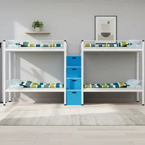School Bedroom Furniture White Metal Frame Staff Double Bunk Bed with Storage