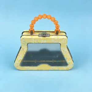 Shaped Tinplate Gift Box with Lockable Beaded Handle and Transparent Window