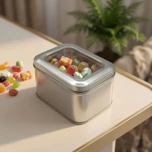 Silver Blank Rectangular Tinplate Gift Tin with Window Top for Biscuits, Nuts, and Candy